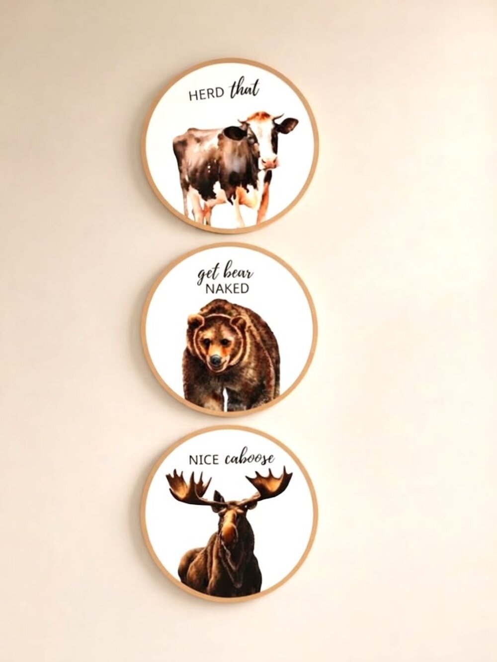 Funny Farmhouse Bathroom Wall Decor Set 3 Cow Bear Moose Round Signs Humor 9.75"